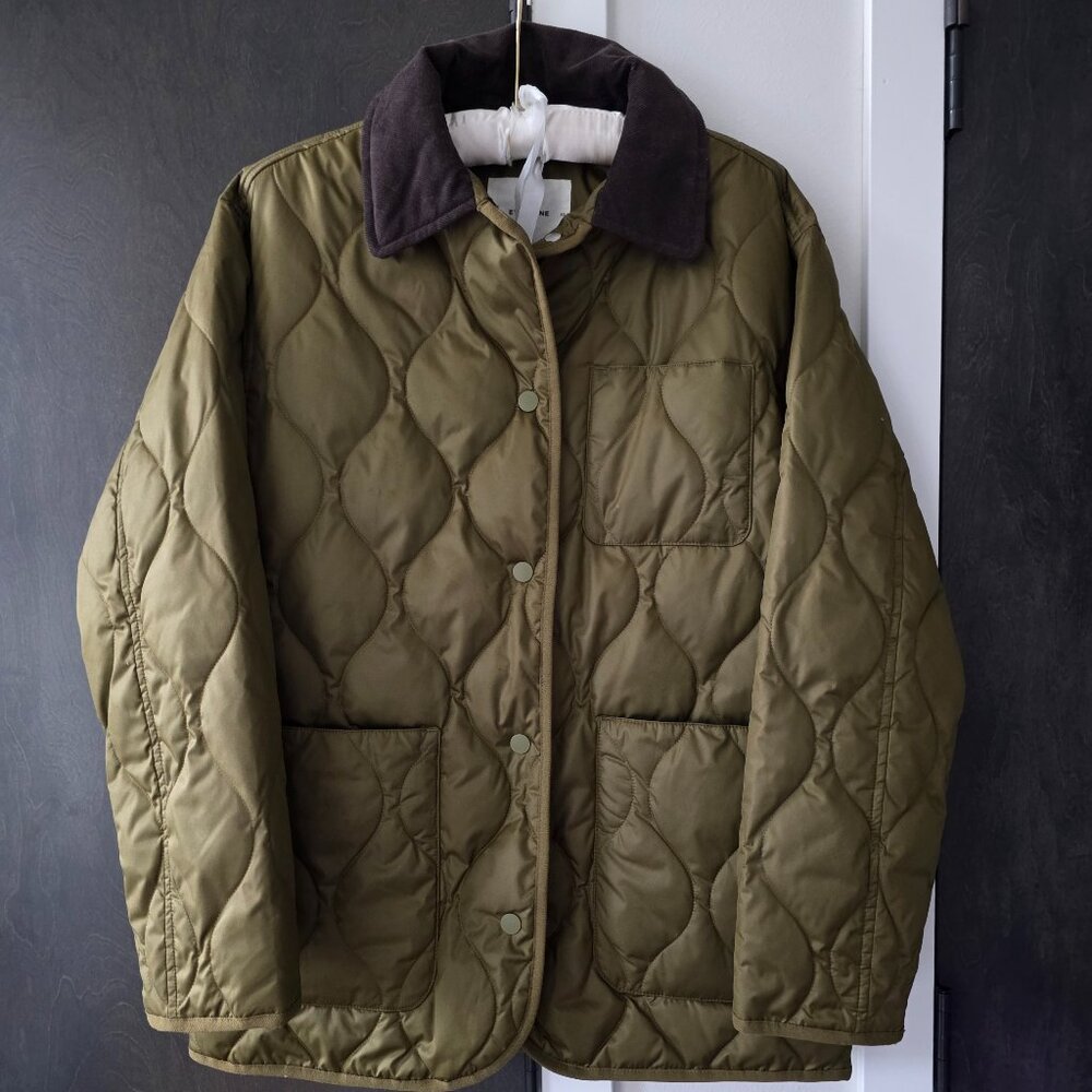 Everlane Olive Green Quilted Utility Jacket with Dark Brown Collar